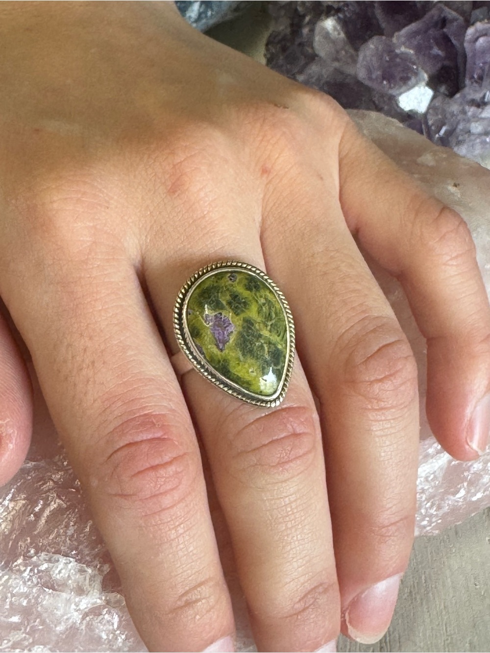 Atlantisite Sterling Silver Teardrop Green and Purple Gemstone Ring - Size 8